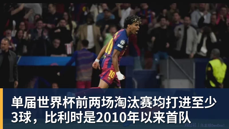单届世界杯前两场淘汰赛均打进至少3球，比利时是2010年以来首队